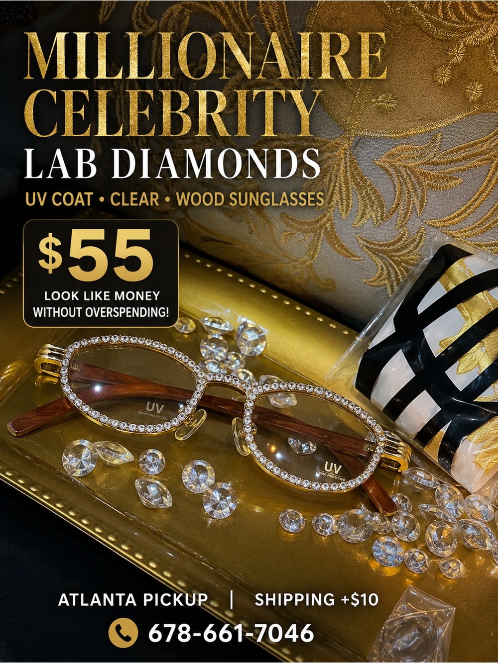 Millionaire Celebrity Lab Stones UV coat clear sunglasses wood.